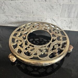 Vintage Ornate Brass Scroll Filigree Rolling Plant Stand on Wheels